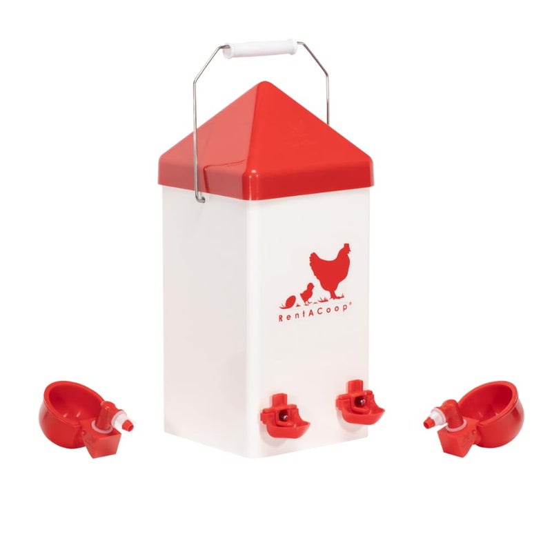 RentACoop 1 Gallon PVC Chicken Waterer with 2 Auto-Fill Cups, Horizontal Nipples and Anti-Roost Cone - Suitable for Chicks, Chickens, Quails, Pigeons and Gamebirds - Image 1